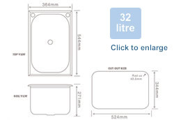 Milena Inset 32 litre diagram of dimensions