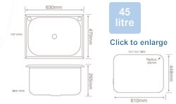 Milena Inset 45 litre diagram of dimensions