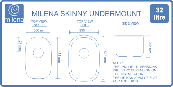 Skinny Undermount diagram of dimensions