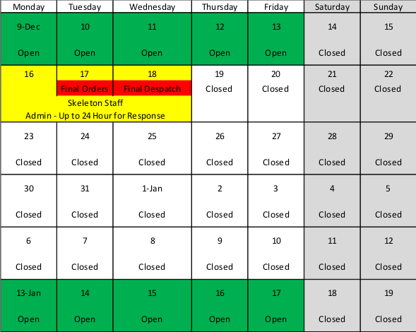Milena Festive Season Schedule